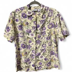 Vintage 90s medium blouse with purple tulips and clematis flowers. Button up